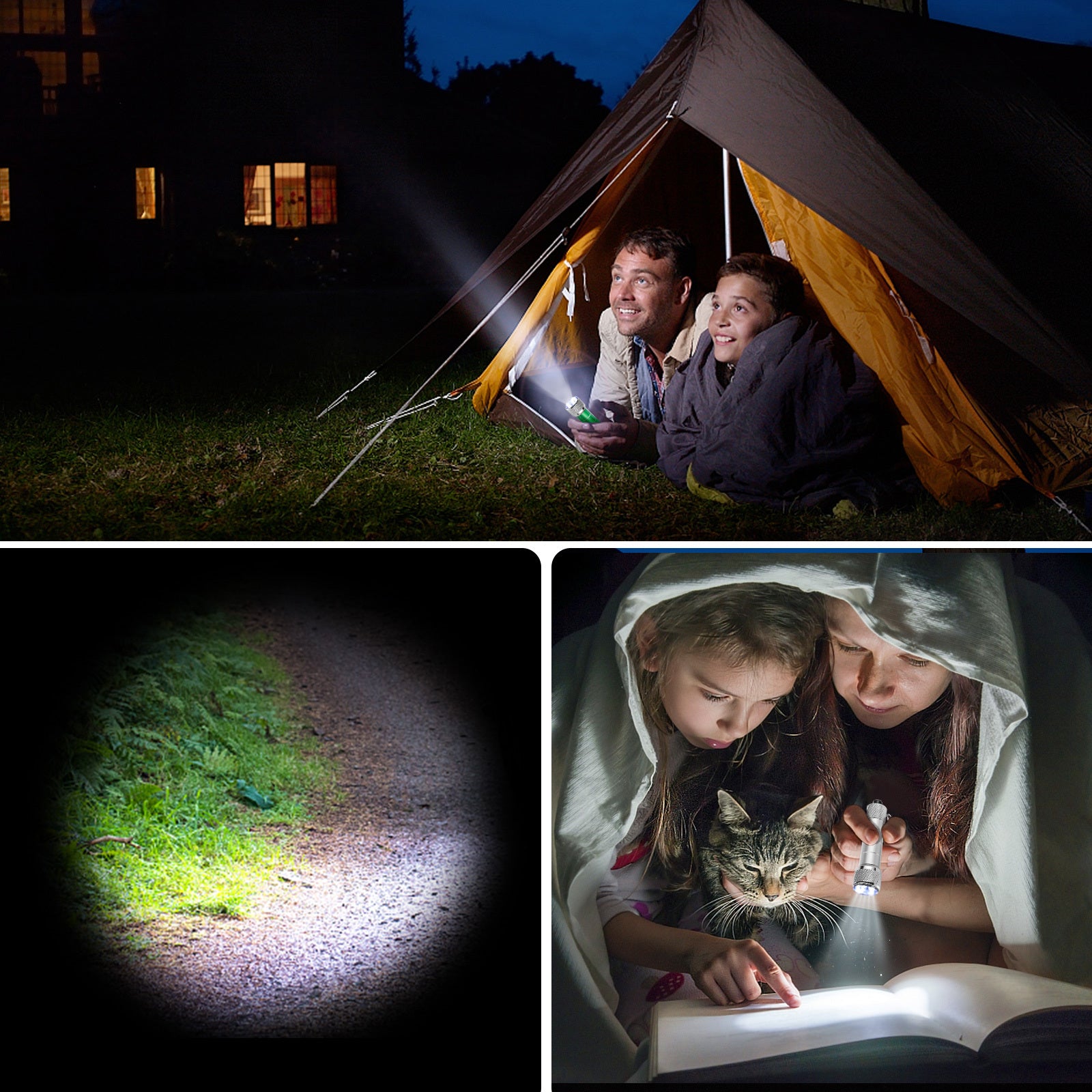 Lifestyle shot of portable keyring LED light illuminating tent at night—ideal for camping emergencies