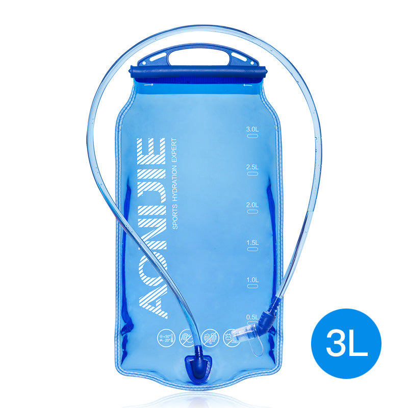 Blue hydration bladder with a visible brand logo on a white background