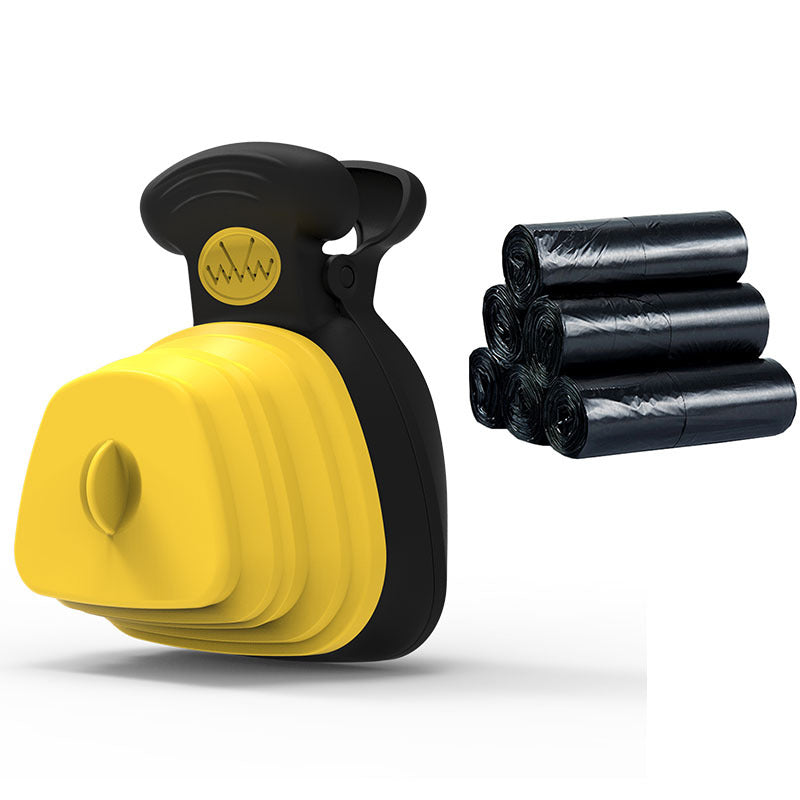 Yellow and black eco-friendly pet cleanup spoon with three rolls of black plastic bags