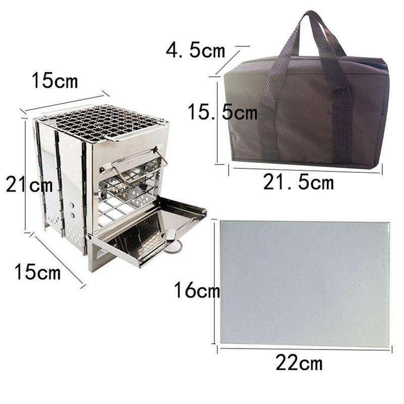 Measurement chart of a portable grill and carrying bag with dimensions labeled.