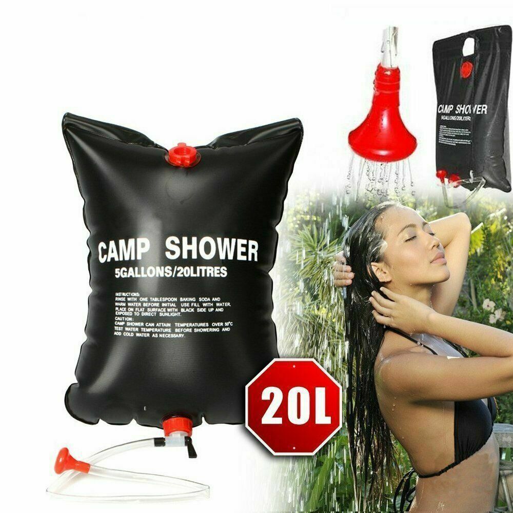 20L solar shower bag heating in sun US camping and a woman showering outdoors.