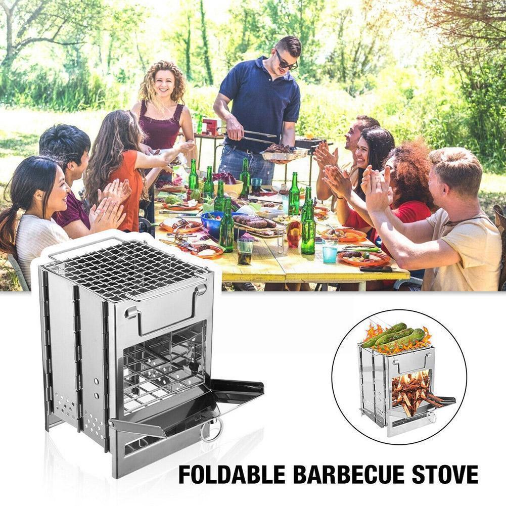 Foldable barbecue stove with people around a table enjoying a meal Canada outdoors. 