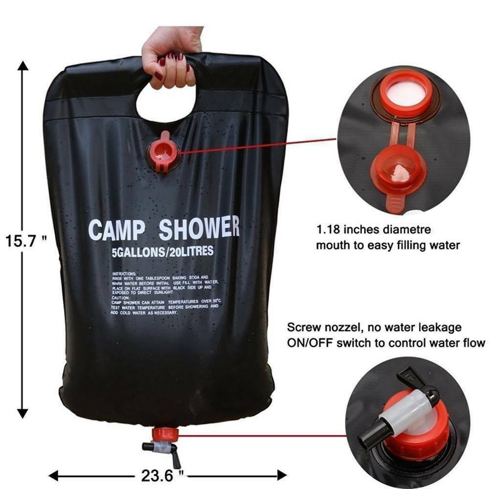 Black camp shower with measurements, features, and close-up details on a white background