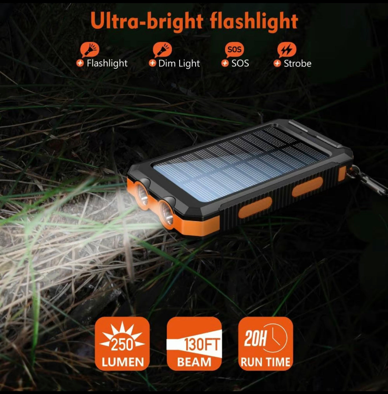 Solar-powered flashlight with various light modes and specifications on a dark background