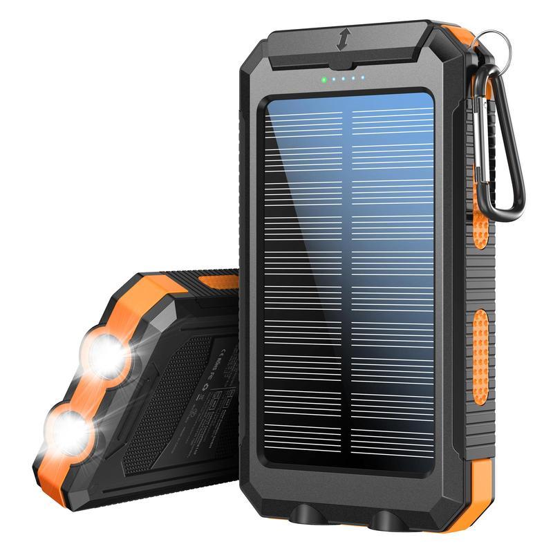 Black and orange solar-powered portable charger with flashlight