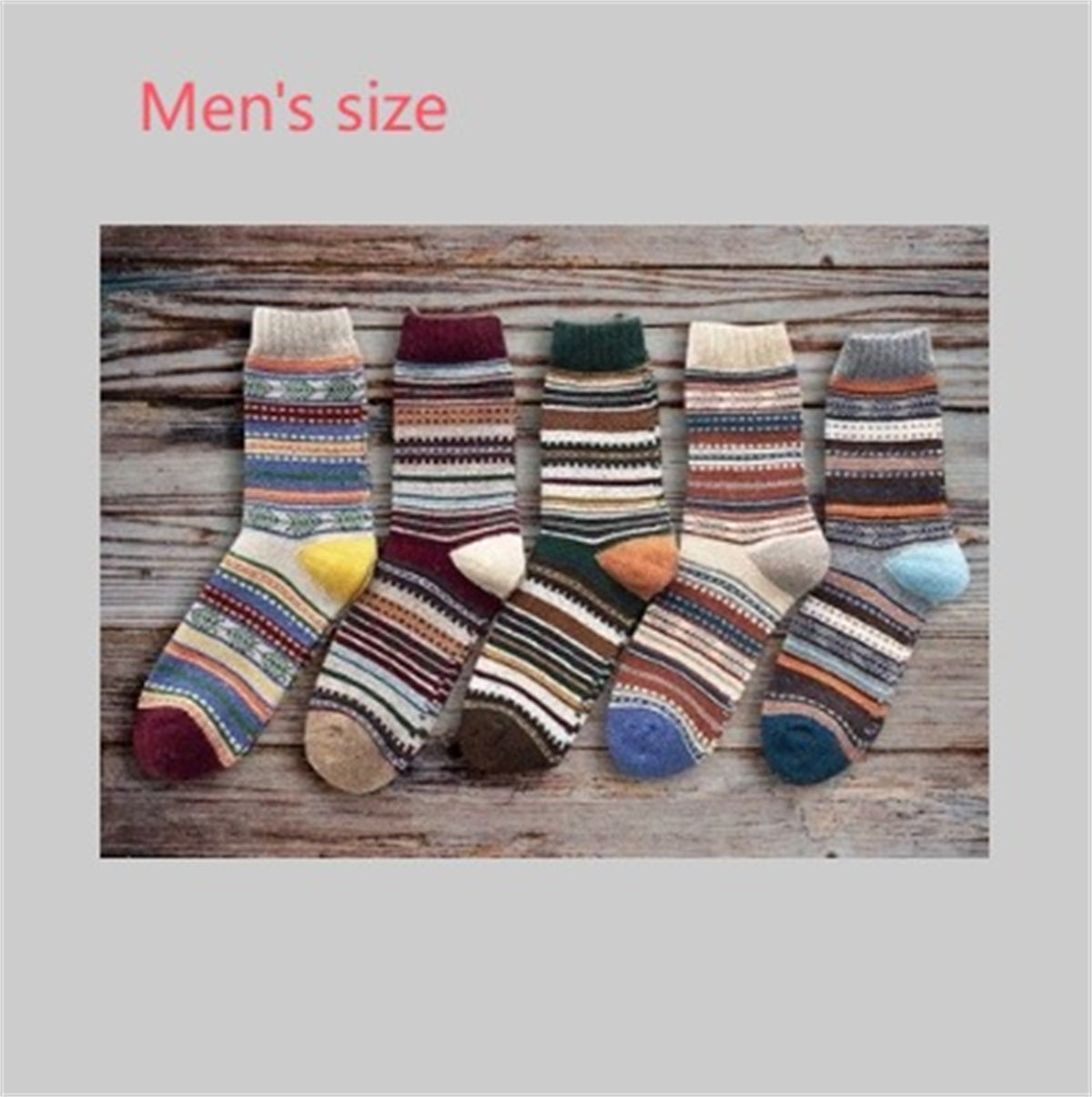 Colorful striped socks on a wooden surface with 'Men's size' text.