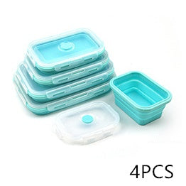 Set of four collapsible silicone containers with lids on a white background