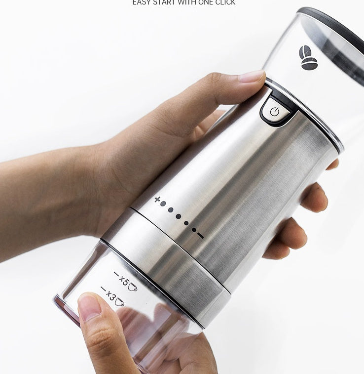 Hand holding coffee grinder with grinder buttons UK & US