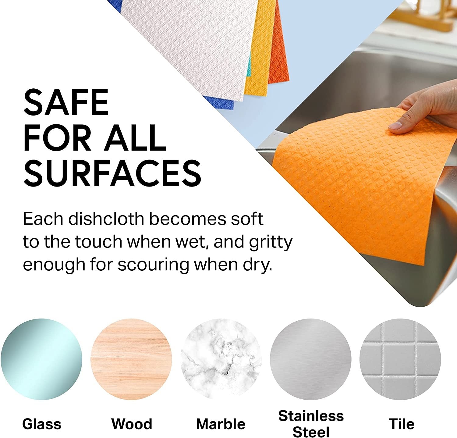 Orange dishcloth being used on a sink with text about its safety for all surfaces.