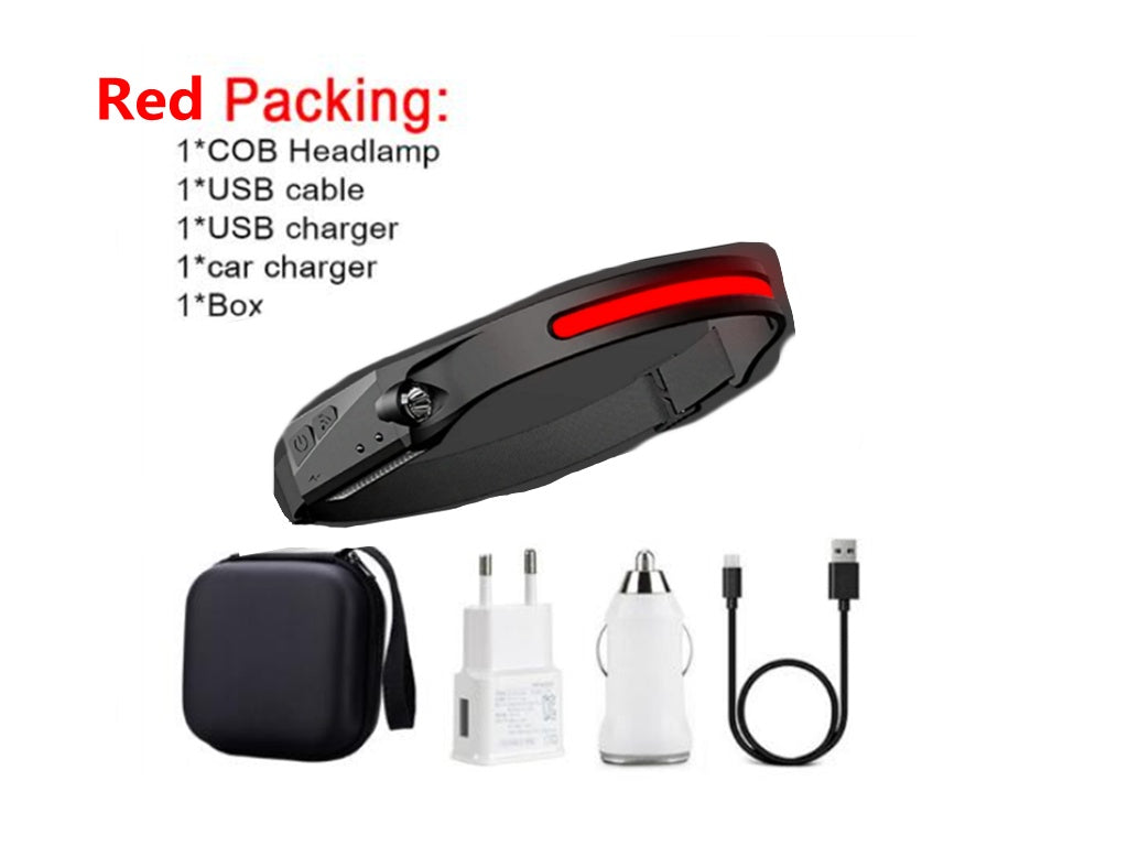 Red COB headlamp with USB cable, car charger, and box UK travel ready