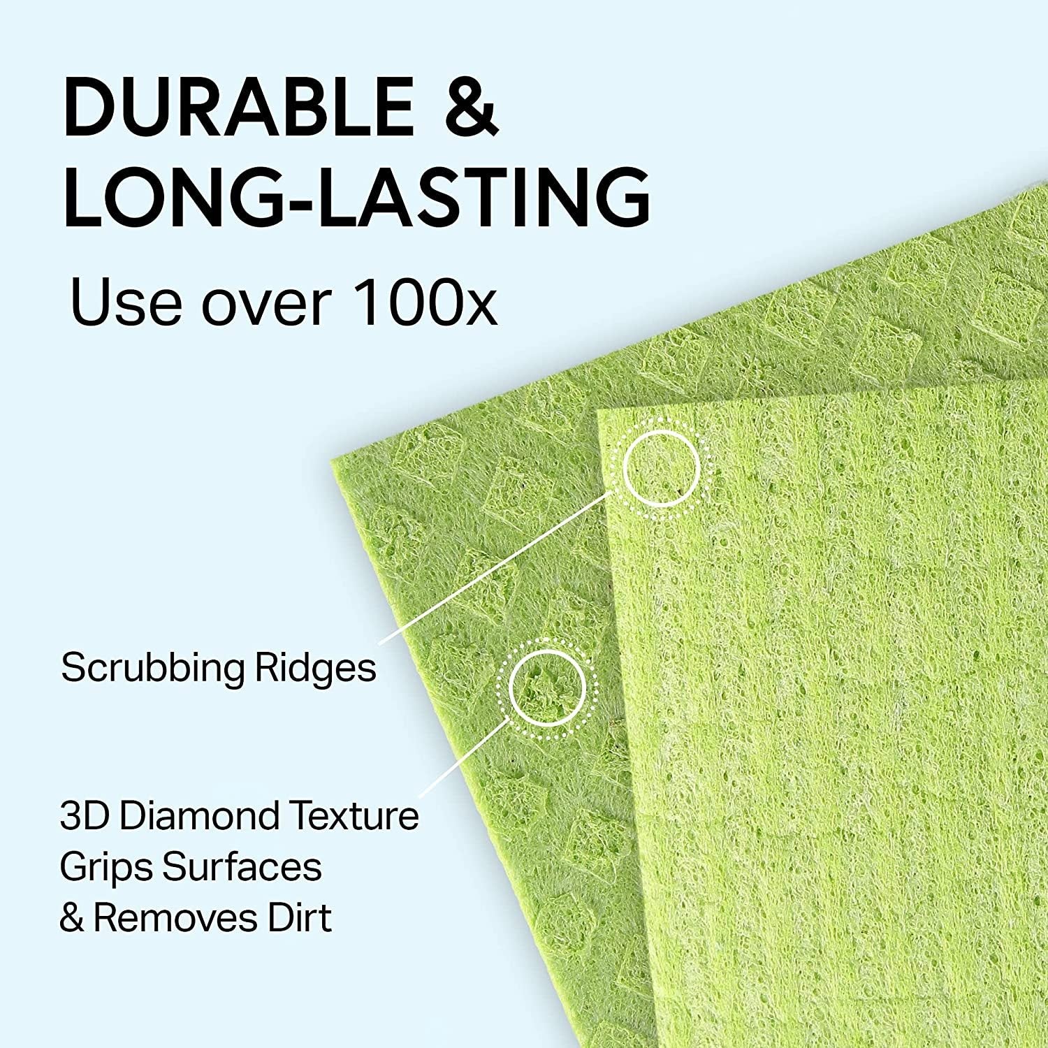 Green kitchen cloth with text highlighting durability and features.