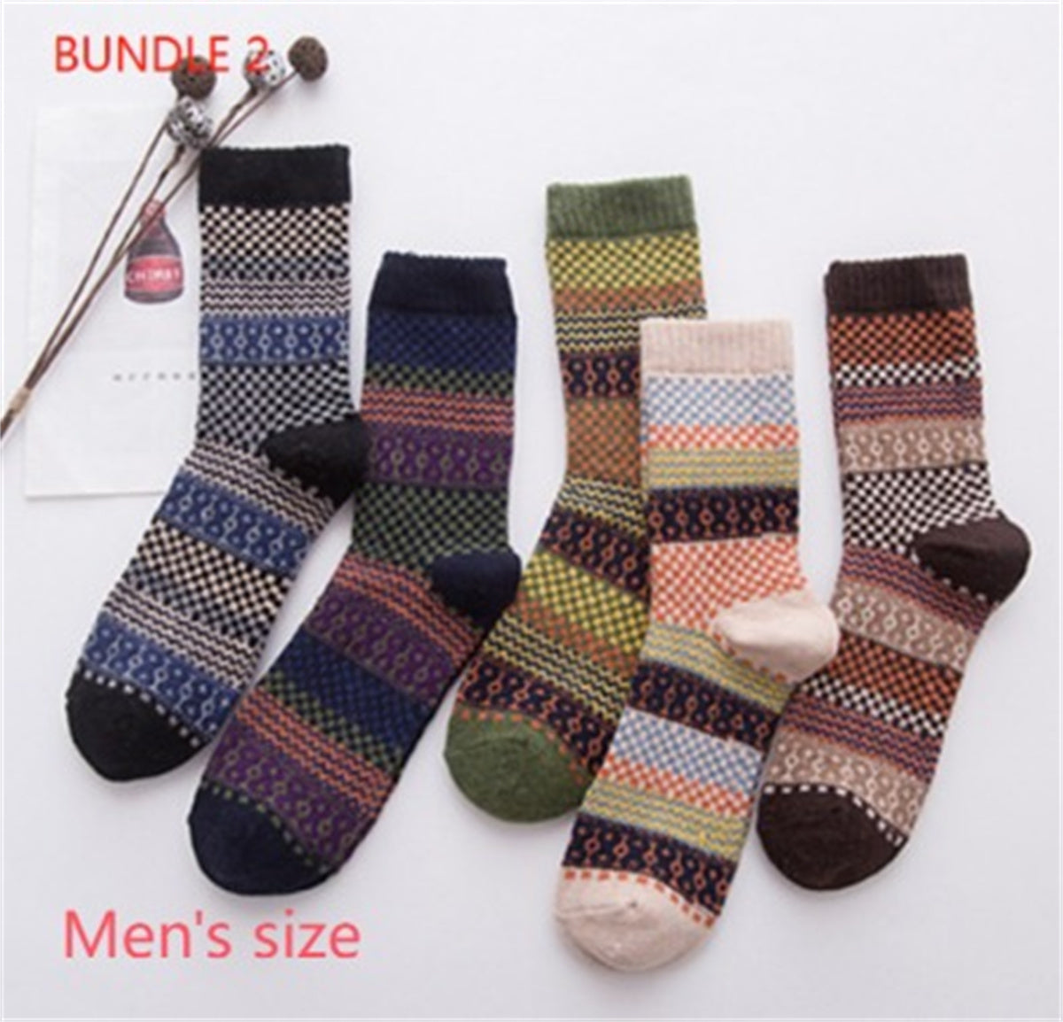 Striped wool winter socks for outdoor camping and trekking.