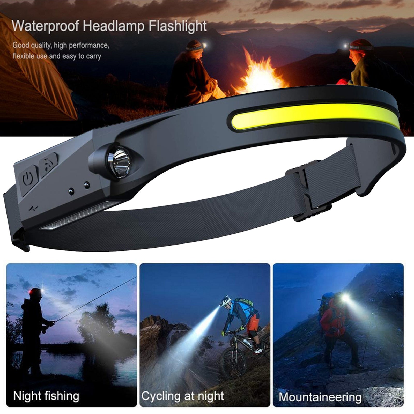 Headlamp flashlight with usage scenarios on a mountain and at night Canada trail.