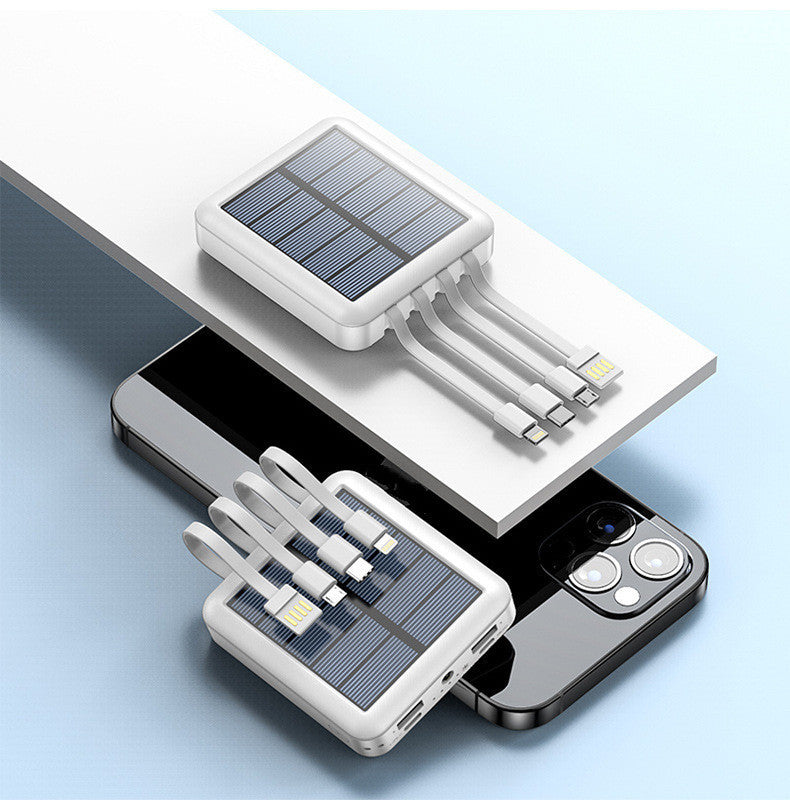 Solar-powered charging devices on a smartphone with a light blue background