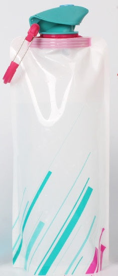 Clear water bottle with pink and teal accents camping hydration bag unfolded ready to fill