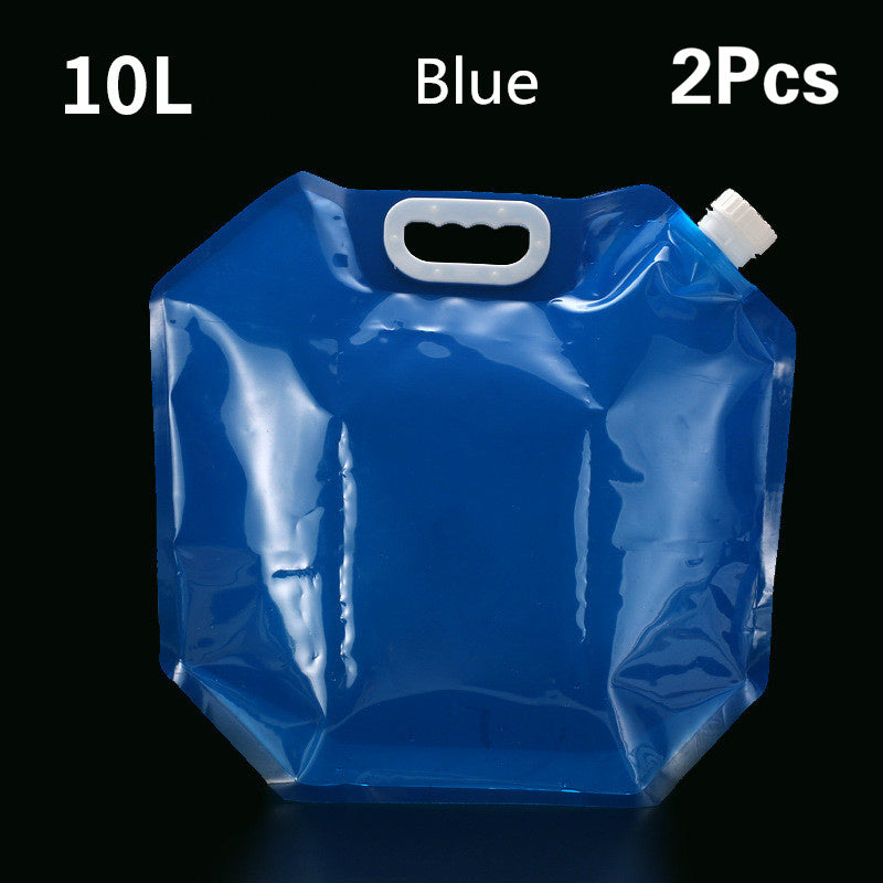 Blue 10L plastic water bag with handle on a black background
