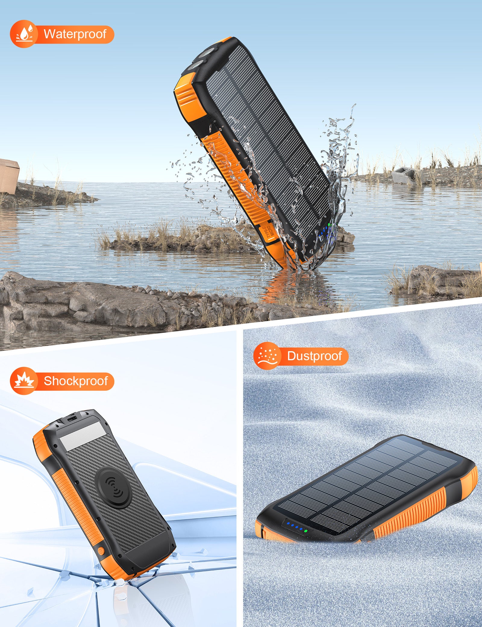 Solar-power bank - waterproof, shockproof, and dustproof features with a coastal background.