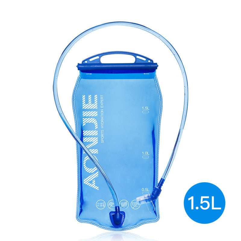 Blue hydration bladder with a blue handle on a white background
