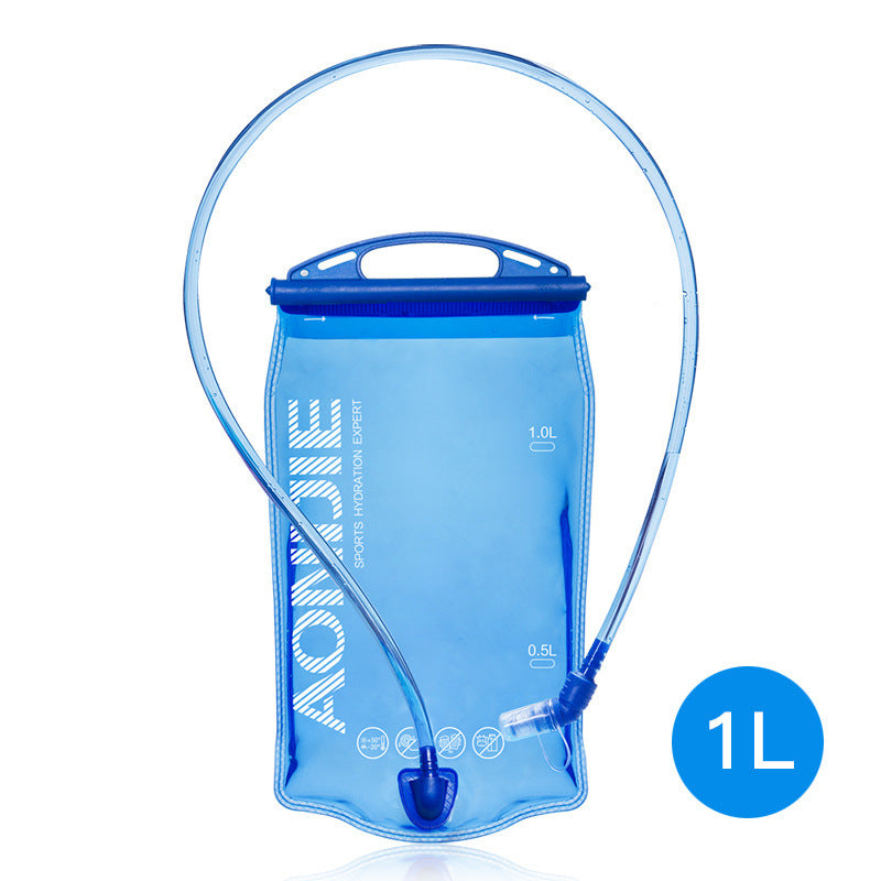 Blue hydration bladder with a 1L capacity on a white background