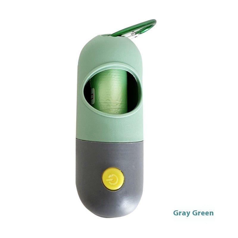 Gray and Green LED pet waste bag dispenser with a yellow button. 