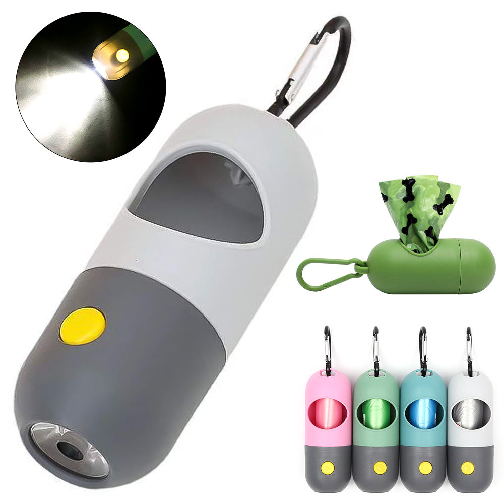 Pet waste bag dispenser with attached bags and a close-up of the light feature 