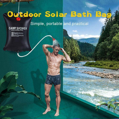 Outdoor solar bath bag with a person using it UK bathing gear