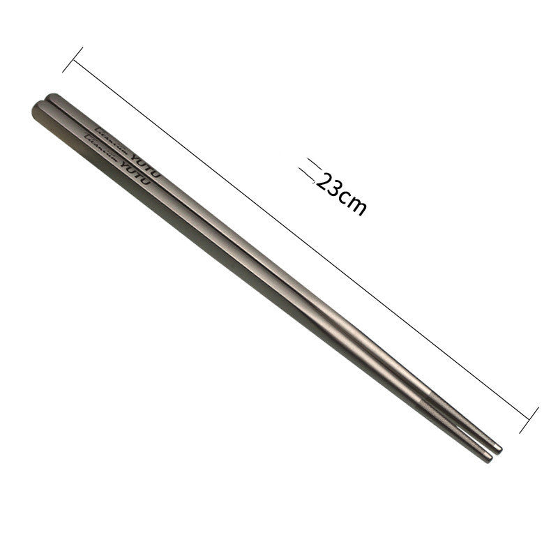Pair of pure titanium chopsticks with measurements on a white background